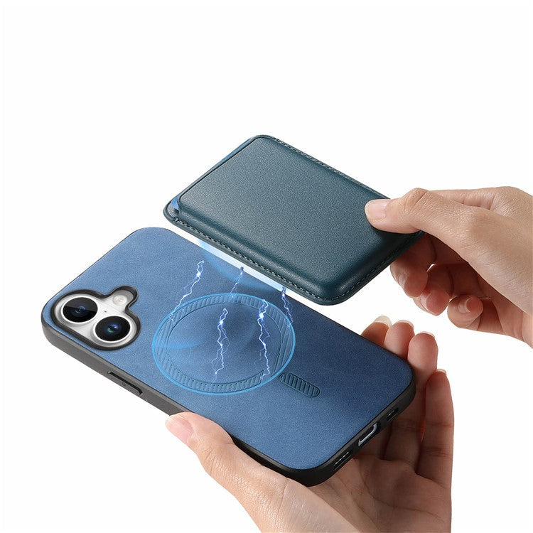 B2 For iPhone 16 Plus Case Detachable Magnetic Card Bag Leather+TPU Phone Cover - Blue