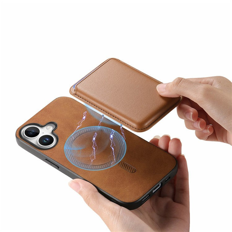 B2 For iPhone 16 Plus Case Detachable Magnetic Card Bag Leather+TPU Phone Cover - Brown
