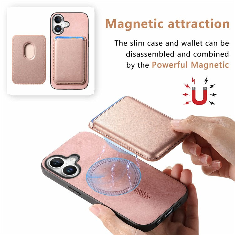 B2 For iPhone 16 Plus Case Detachable Magnetic Card Bag Leather+TPU Phone Cover - Brown