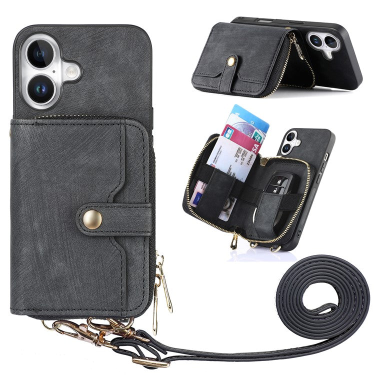 For iPhone 16 Plus Case Zipper Card Holder PU Leather Phone Back Cover with Long Strap - Black