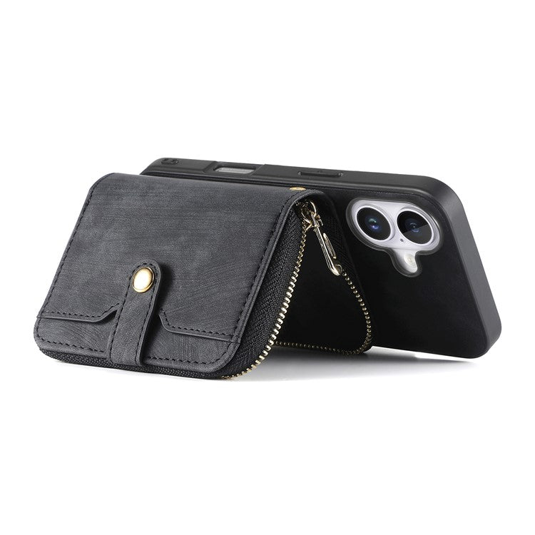 For iPhone 16 Plus Case Zipper Card Holder PU Leather Phone Back Cover with Long Strap - Black