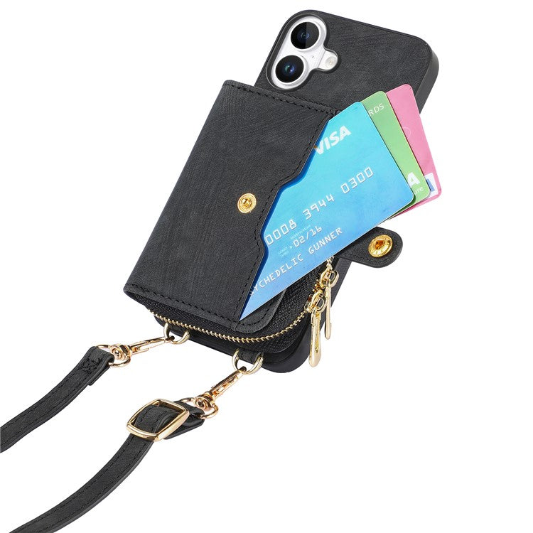 For iPhone 16 Plus Case Zipper Card Holder PU Leather Phone Back Cover with Long Strap - Black