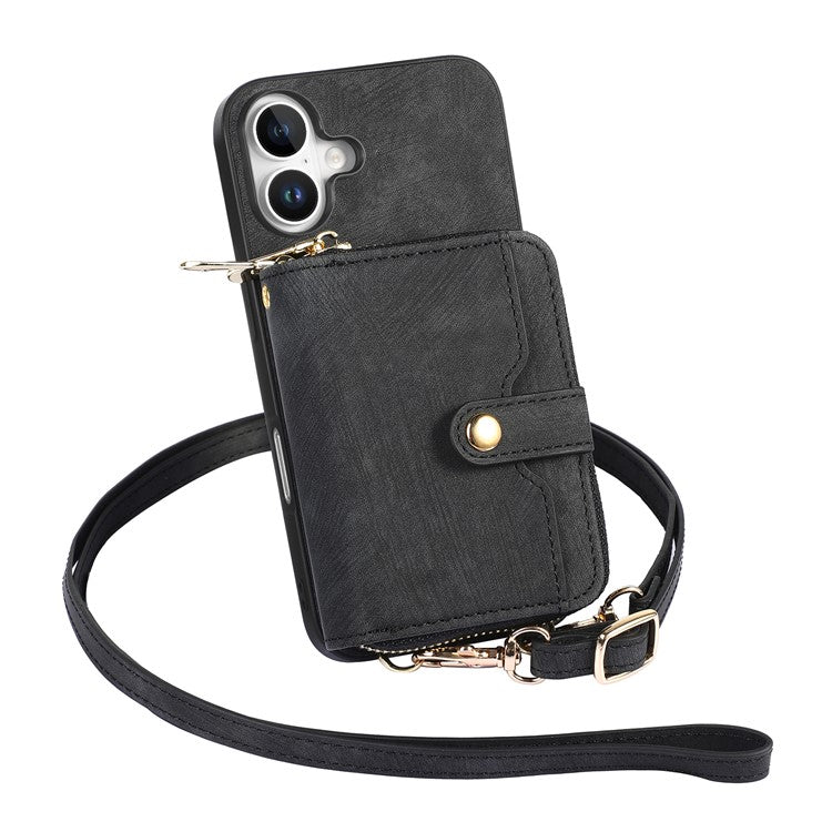 For iPhone 16 Plus Case Zipper Card Holder PU Leather Phone Back Cover with Long Strap - Black