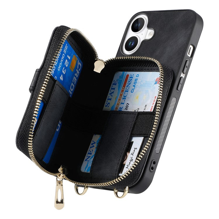 For iPhone 16 Plus Case Zipper Card Holder PU Leather Phone Back Cover with Long Strap - Black