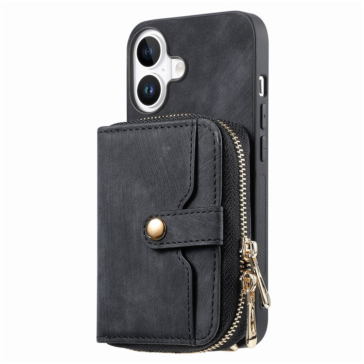 For iPhone 16 Plus Case Zipper Card Holder PU Leather Phone Back Cover with Long Strap - Black