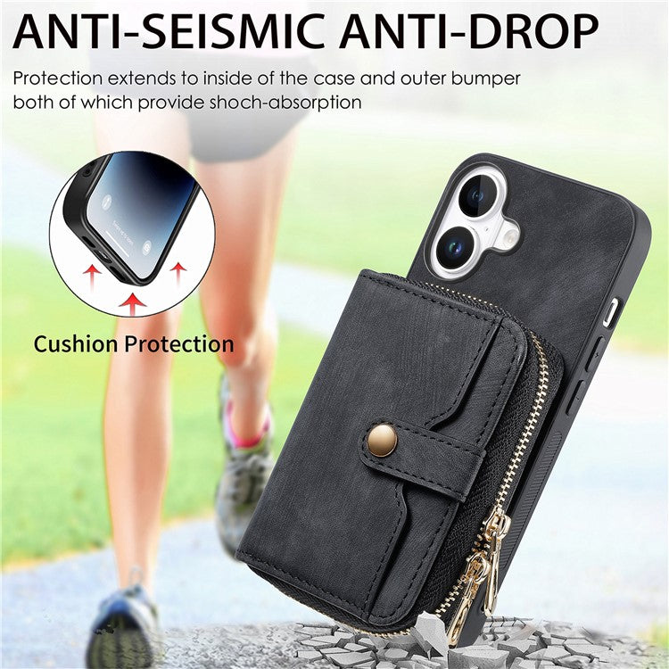 For iPhone 16 Plus Case Zipper Card Holder PU Leather Phone Back Cover with Long Strap - Black
