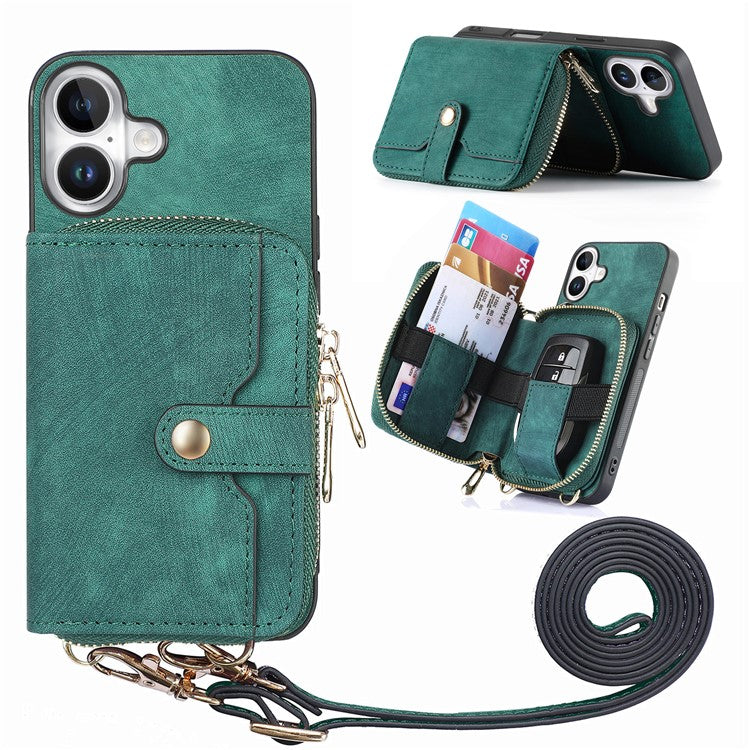 For iPhone 16 Plus Case Zipper Card Holder PU Leather Phone Back Cover with Long Strap - Green
