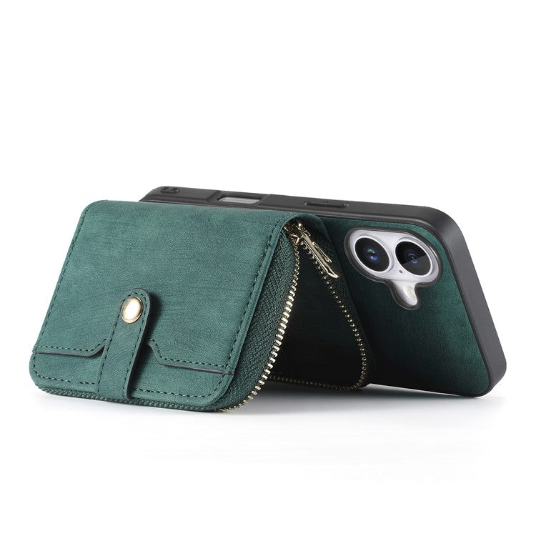 For iPhone 16 Plus Case Zipper Card Holder PU Leather Phone Back Cover with Long Strap - Green