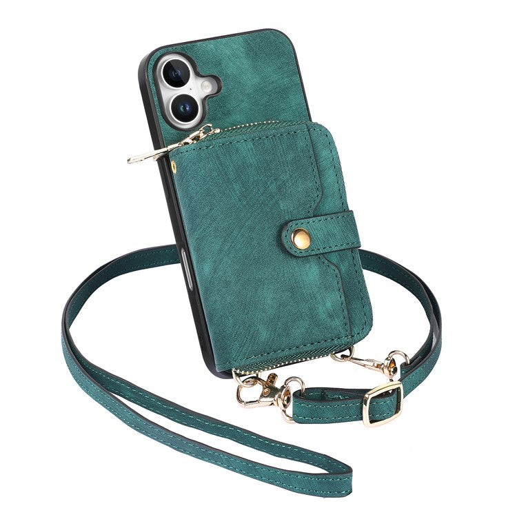 For iPhone 16 Plus Case Zipper Card Holder PU Leather Phone Back Cover with Long Strap - Green