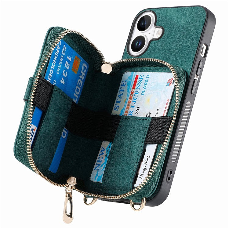 For iPhone 16 Plus Case Zipper Card Holder PU Leather Phone Back Cover with Long Strap - Green