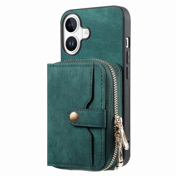 For iPhone 16 Plus Case Zipper Card Holder PU Leather Phone Back Cover with Long Strap - Green