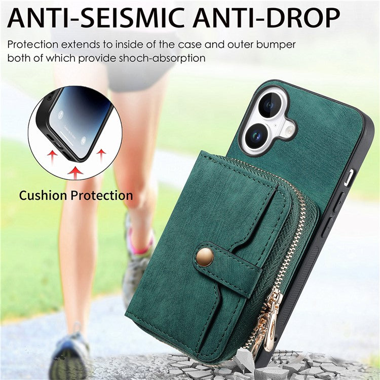 For iPhone 16 Plus Case Zipper Card Holder PU Leather Phone Back Cover with Long Strap - Green