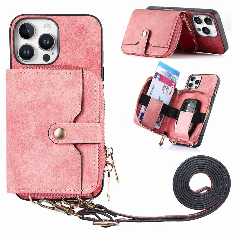 For iPhone 16 Pro Case Zipper Card Holder PU Leather Phone Back Cover with Long Strap - Pink