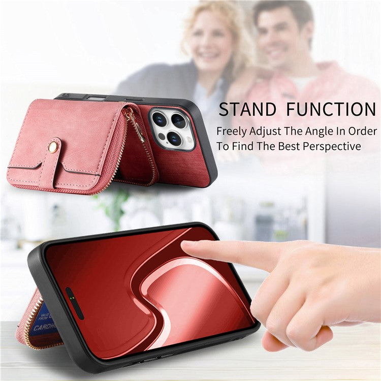 For iPhone 16 Pro Case Zipper Card Holder PU Leather Phone Back Cover with Long Strap - Pink