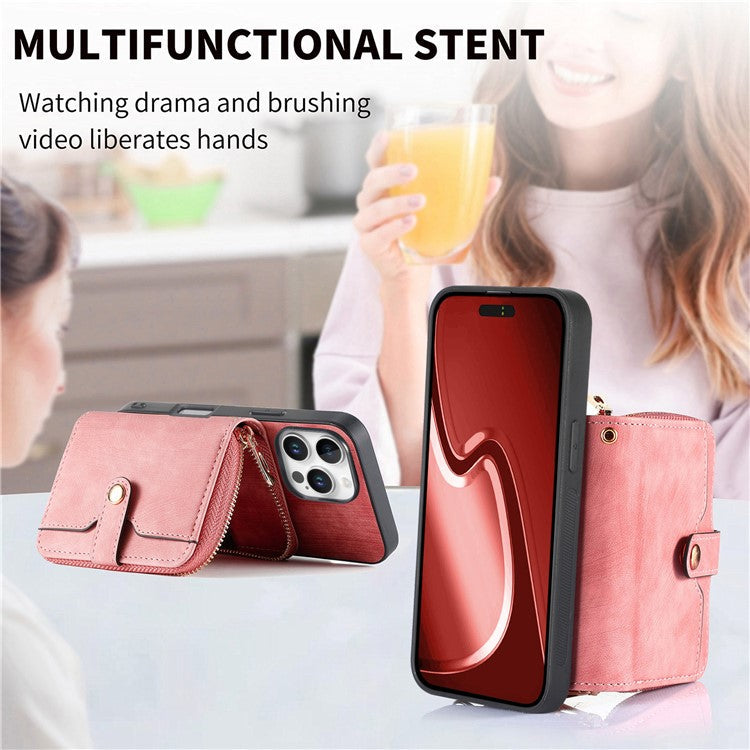 For iPhone 16 Pro Case Zipper Card Holder PU Leather Phone Back Cover with Long Strap - Pink