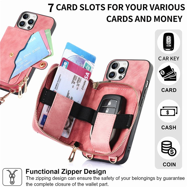 For iPhone 16 Pro Case Zipper Card Holder PU Leather Phone Back Cover with Long Strap - Pink