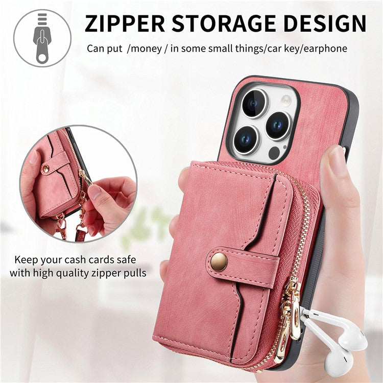 For iPhone 16 Pro Case Zipper Card Holder PU Leather Phone Back Cover with Long Strap - Pink