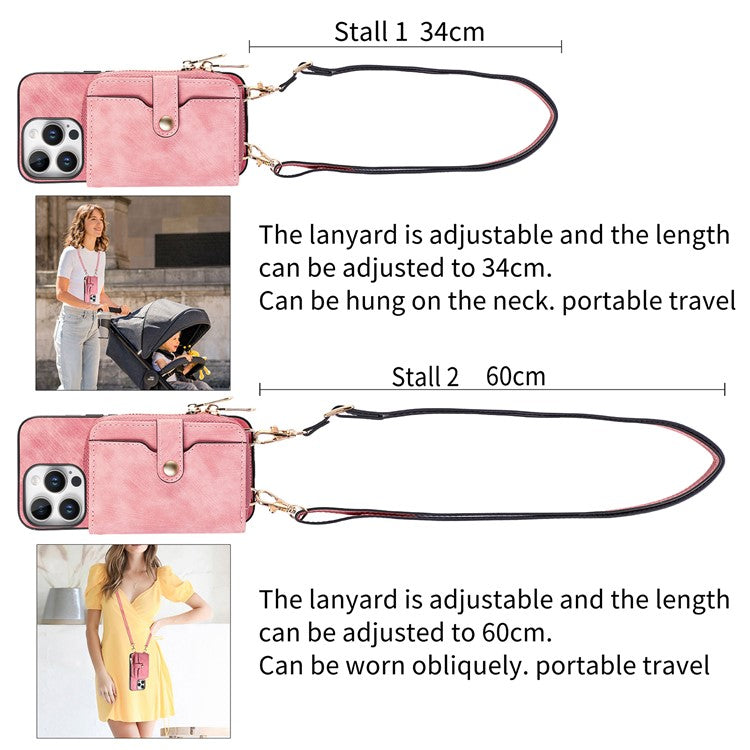 For iPhone 16 Pro Case Zipper Card Holder PU Leather Phone Back Cover with Long Strap - Pink