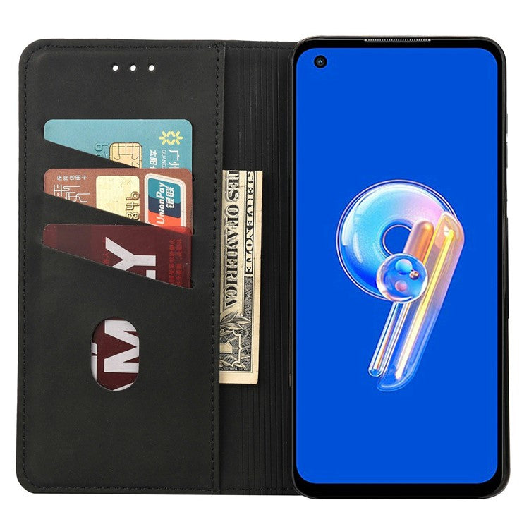 For Asus Zenfone 9 5G Anti-drop Splicing Phone Case PU Leather Magnetic Auto-absorbed Skin-touch Feeling Phone Wallet Cover with Stand - Black