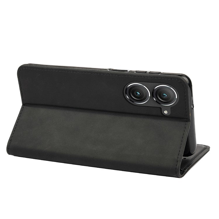 For Asus Zenfone 9 5G Anti-drop Splicing Phone Case PU Leather Magnetic Auto-absorbed Skin-touch Feeling Phone Wallet Cover with Stand - Black