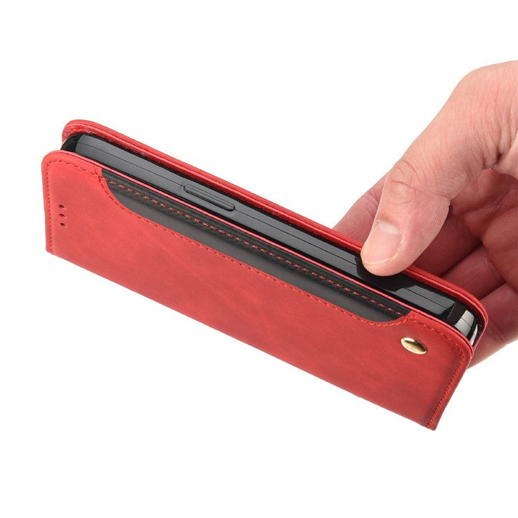 For Asus Zenfone 9 5G Anti-drop Splicing Phone Case PU Leather Magnetic Auto-absorbed Skin-touch Feeling Phone Wallet Cover with Stand - Red