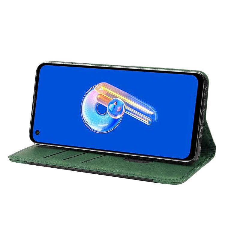 For Asus Zenfone 9 5G Anti-drop Splicing Phone Case PU Leather Magnetic Auto-absorbed Skin-touch Feeling Phone Wallet Cover with Stand - Green