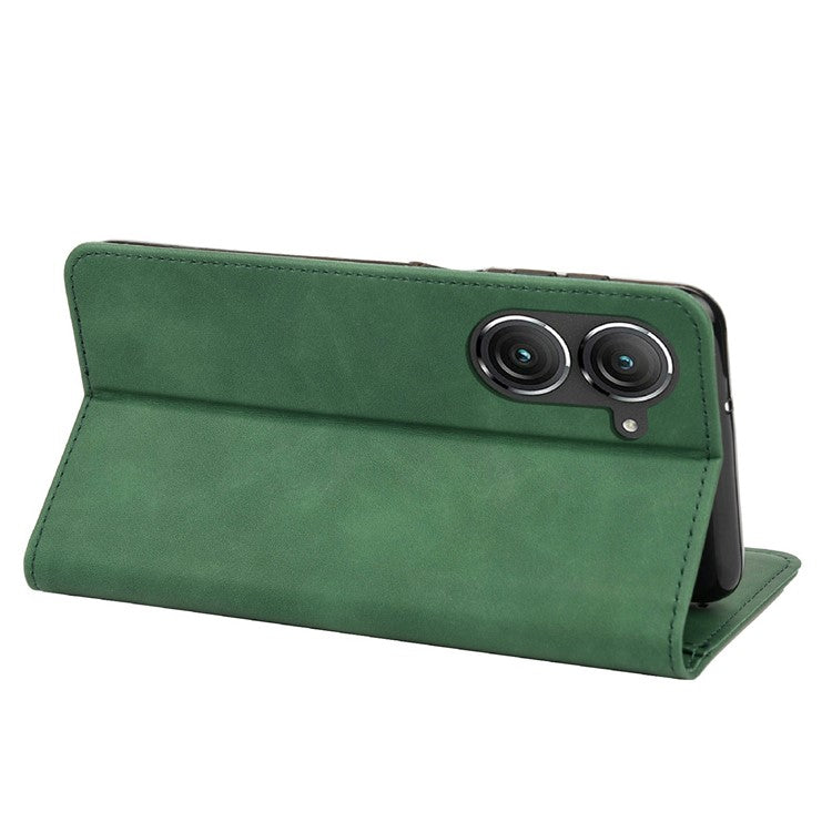 For Asus Zenfone 9 5G Anti-drop Splicing Phone Case PU Leather Magnetic Auto-absorbed Skin-touch Feeling Phone Wallet Cover with Stand - Green