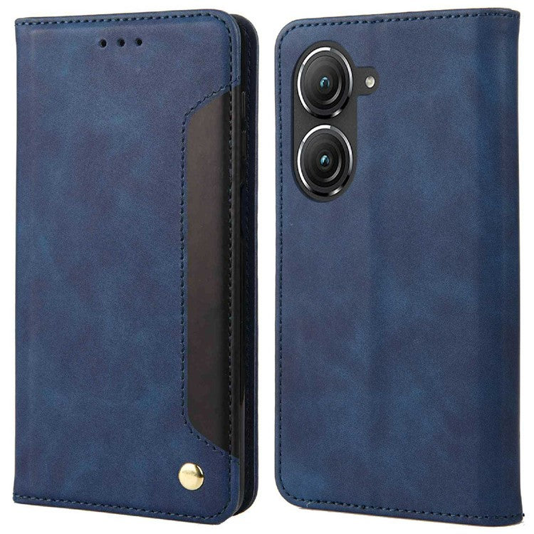 For Asus Zenfone 9 5G Anti-drop Splicing Phone Case PU Leather Magnetic Auto-absorbed Skin-touch Feeling Phone Wallet Cover with Stand - Blue