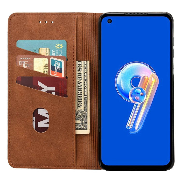 For Asus Zenfone 9 5G Anti-drop Splicing Phone Case PU Leather Magnetic Auto-absorbed Skin-touch Feeling Phone Wallet Cover with Stand - Brown