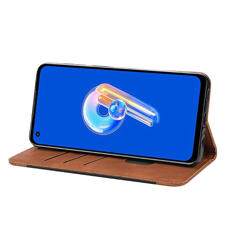 For Asus Zenfone 9 5G Anti-drop Splicing Phone Case PU Leather Magnetic Auto-absorbed Skin-touch Feeling Phone Wallet Cover with Stand - Brown