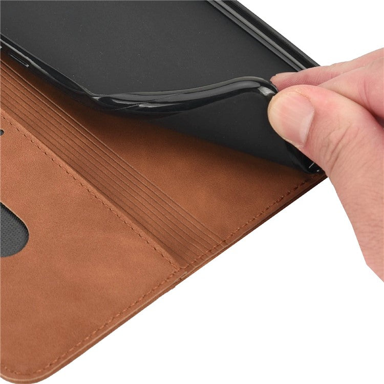 For Asus Zenfone 9 5G Anti-drop Splicing Phone Case PU Leather Magnetic Auto-absorbed Skin-touch Feeling Phone Wallet Cover with Stand - Brown