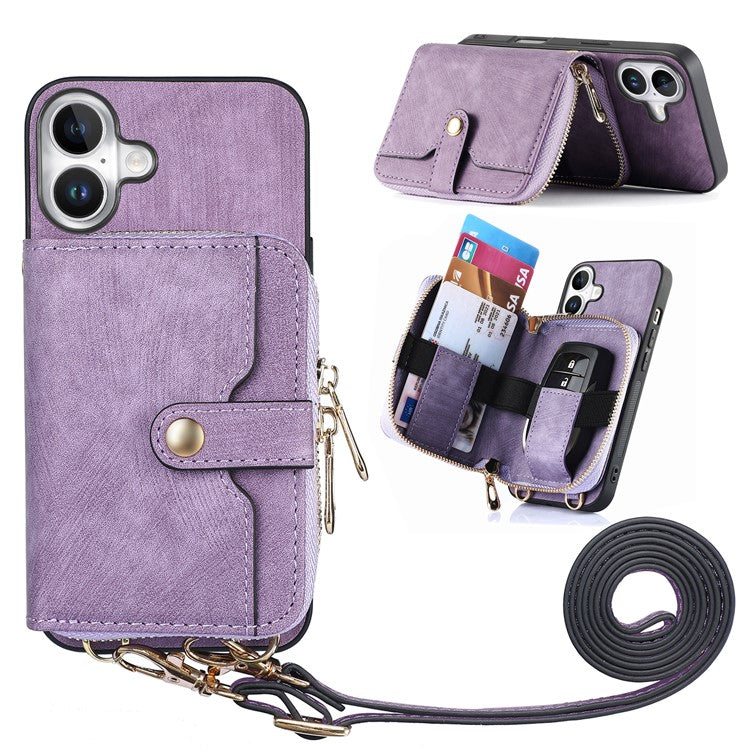 For iPhone 16 Case Zipper Card Holder PU Leather Phone Back Cover with Long Strap - Purple