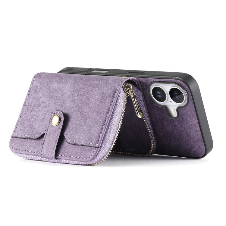 For iPhone 16 Case Zipper Card Holder PU Leather Phone Back Cover with Long Strap - Purple