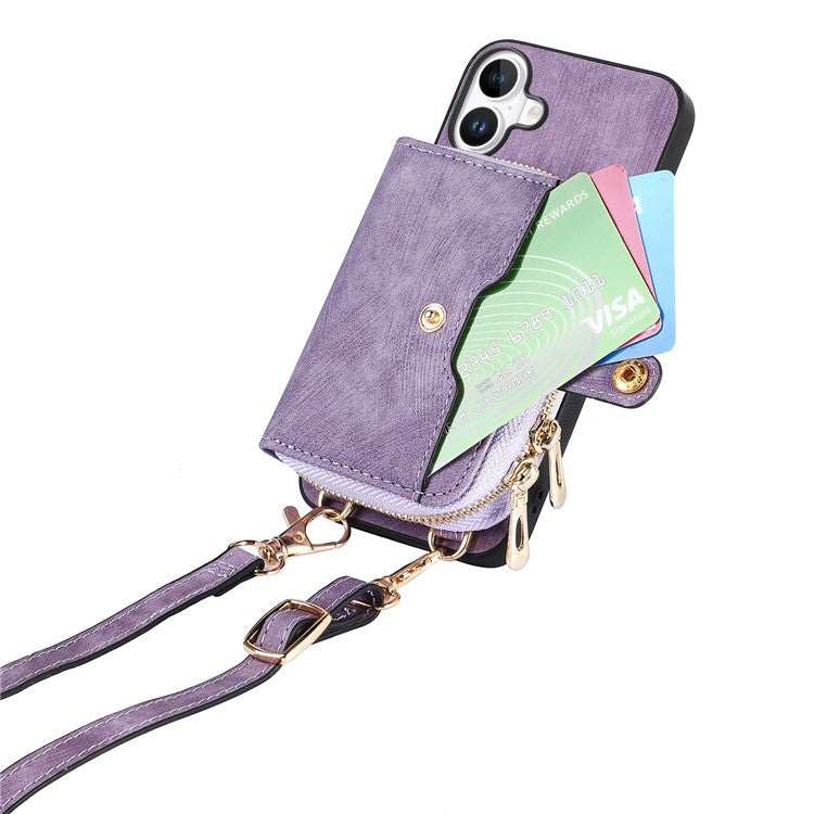 For iPhone 16 Case Zipper Card Holder PU Leather Phone Back Cover with Long Strap - Purple