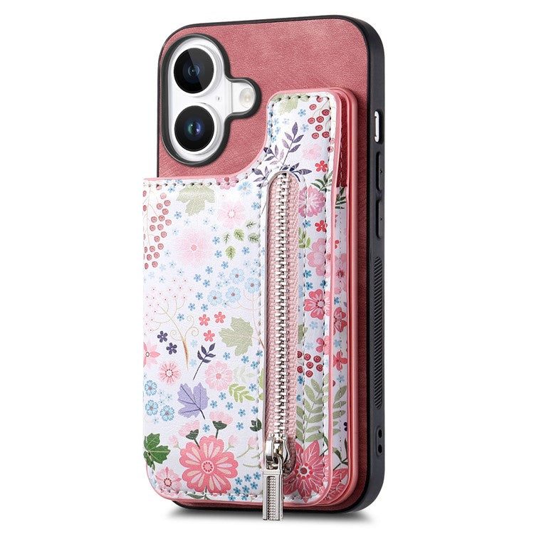 D10 For iPhone 16 Plus Case Pattern Kickstand Wallet Leather+TPU Phone Cover RFID Blocking - Pink