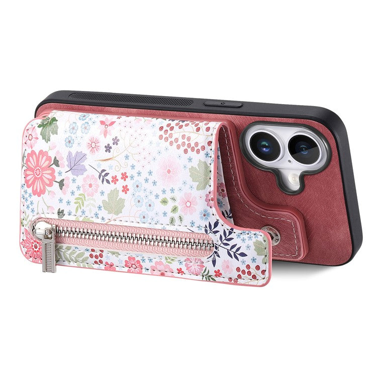 D10 For iPhone 16 Plus Case Pattern Kickstand Wallet Leather+TPU Phone Cover RFID Blocking - Pink