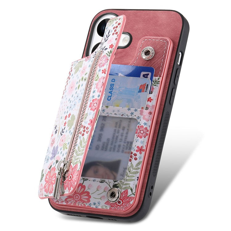 D10 For iPhone 16 Plus Case Pattern Kickstand Wallet Leather+TPU Phone Cover RFID Blocking - Pink