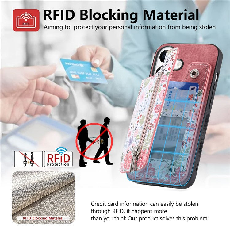 D10 For iPhone 16 Plus Case Pattern Kickstand Wallet Leather+TPU Phone Cover RFID Blocking - Pink