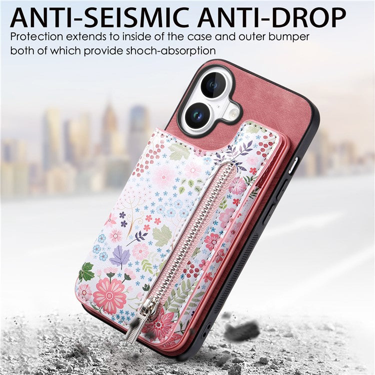 D10 For iPhone 16 Plus Case Pattern Kickstand Wallet Leather+TPU Phone Cover RFID Blocking - Pink