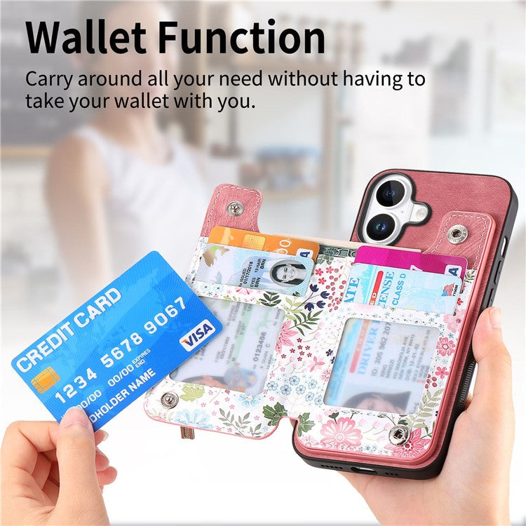 D10 For iPhone 16 Plus Case Pattern Kickstand Wallet Leather+TPU Phone Cover RFID Blocking - Pink