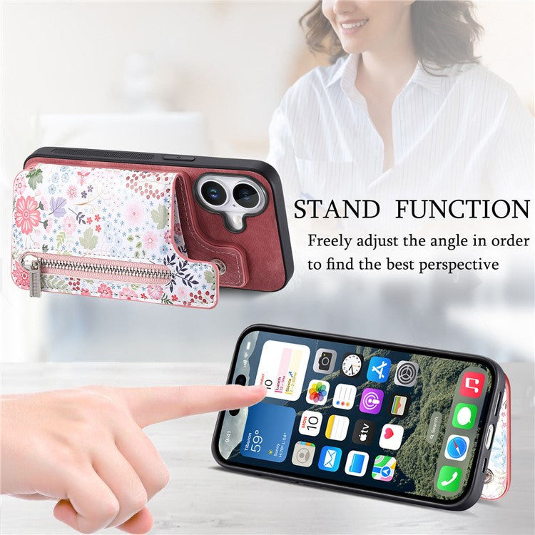 D10 For iPhone 16 Plus Case Pattern Kickstand Wallet Leather+TPU Phone Cover RFID Blocking - Pink