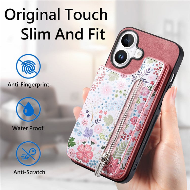 D10 For iPhone 16 Plus Case Pattern Kickstand Wallet Leather+TPU Phone Cover RFID Blocking - Pink