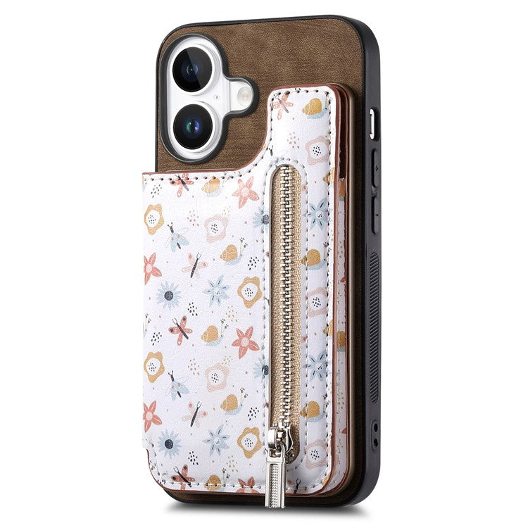 D10 For iPhone 16 Plus Case Pattern Kickstand Wallet Leather+TPU Phone Cover RFID Blocking - Brown