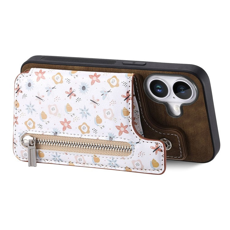 D10 For iPhone 16 Plus Case Pattern Kickstand Wallet Leather+TPU Phone Cover RFID Blocking - Brown