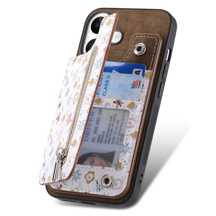 D10 For iPhone 16 Plus Case Pattern Kickstand Wallet Leather+TPU Phone Cover RFID Blocking - Brown