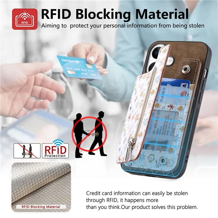 D10 For iPhone 16 Plus Case Pattern Kickstand Wallet Leather+TPU Phone Cover RFID Blocking - Brown