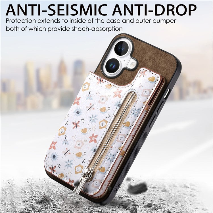 D10 For iPhone 16 Plus Case Pattern Kickstand Wallet Leather+TPU Phone Cover RFID Blocking - Brown