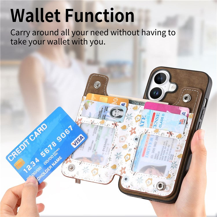 D10 For iPhone 16 Plus Case Pattern Kickstand Wallet Leather+TPU Phone Cover RFID Blocking - Brown