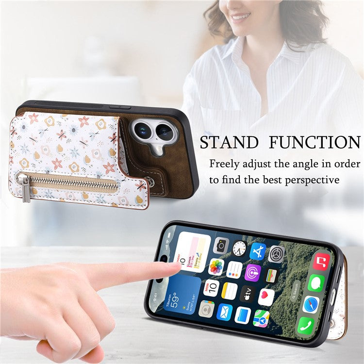 D10 For iPhone 16 Plus Case Pattern Kickstand Wallet Leather+TPU Phone Cover RFID Blocking - Brown