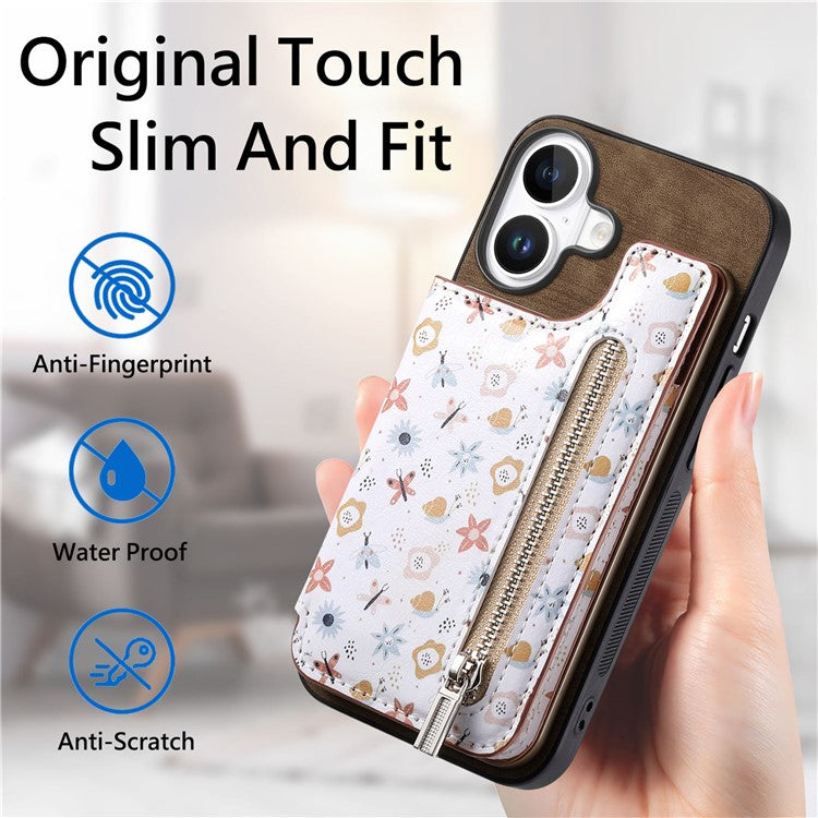 D10 For iPhone 16 Plus Case Pattern Kickstand Wallet Leather+TPU Phone Cover RFID Blocking - Brown